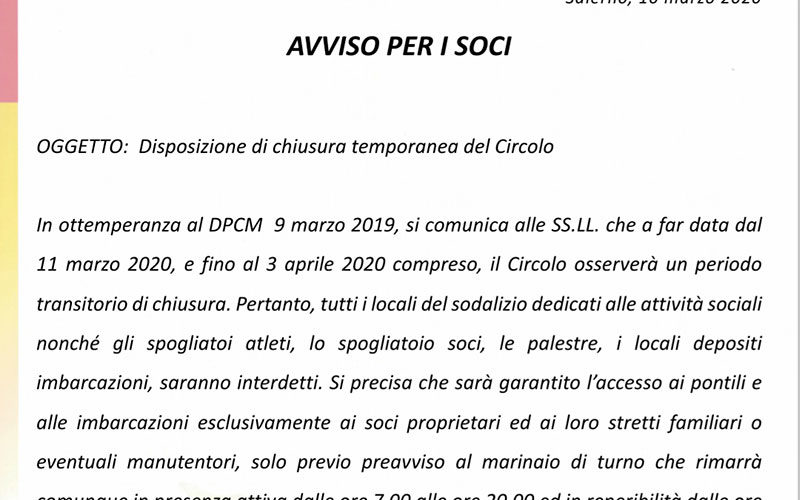 Emergenza Coronavirus, chiusura temporanea del Circolo fino al 3 aprile