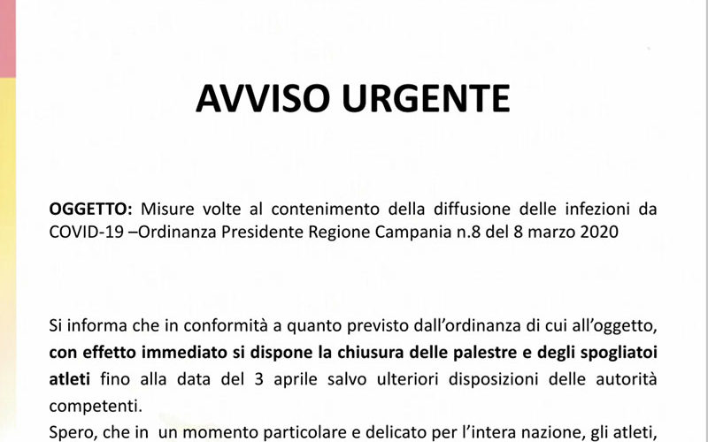 Misure anti coronavirus, chiuse le palestre e sospese le attività sportive del Circolo